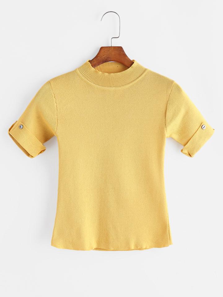 Romwe Yellow Buttoned Roll Cuff Knitted T-shirt