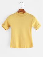 Romwe Yellow Buttoned Roll Cuff Knitted T-shirt