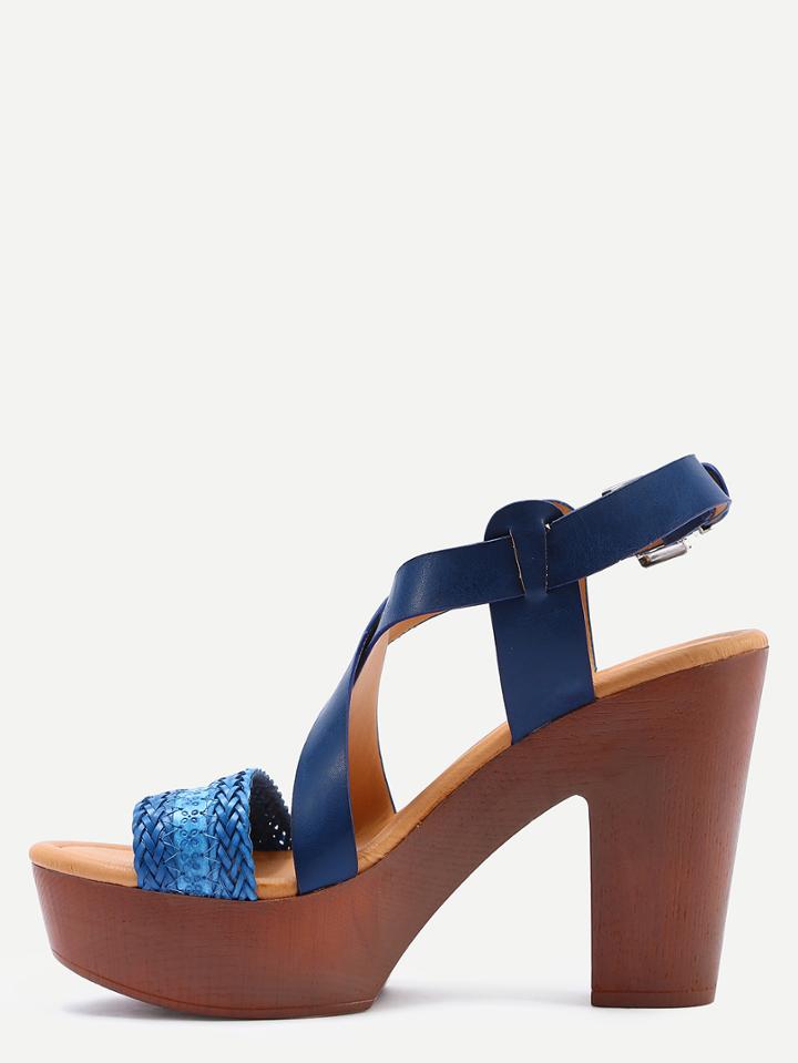 Romwe Braided Crisscross Cork Heel Sandals - Navy