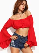 Romwe Red Bell Sleeve Crop Off The Shoulder Top
