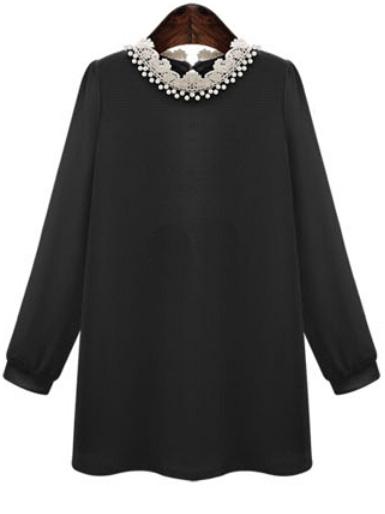 Romwe Contrast Lace Collar Bead Black Dress