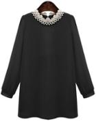 Romwe Contrast Lace Collar Bead Black Dress