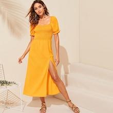 Romwe Solid Slit Thigh Shirred Dress