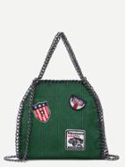 Romwe Green Corduroy Chain Trim Badge Shoulder Bag