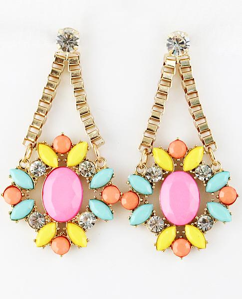 Romwe Multi Gemstone Gold Crystal Chain Earrings