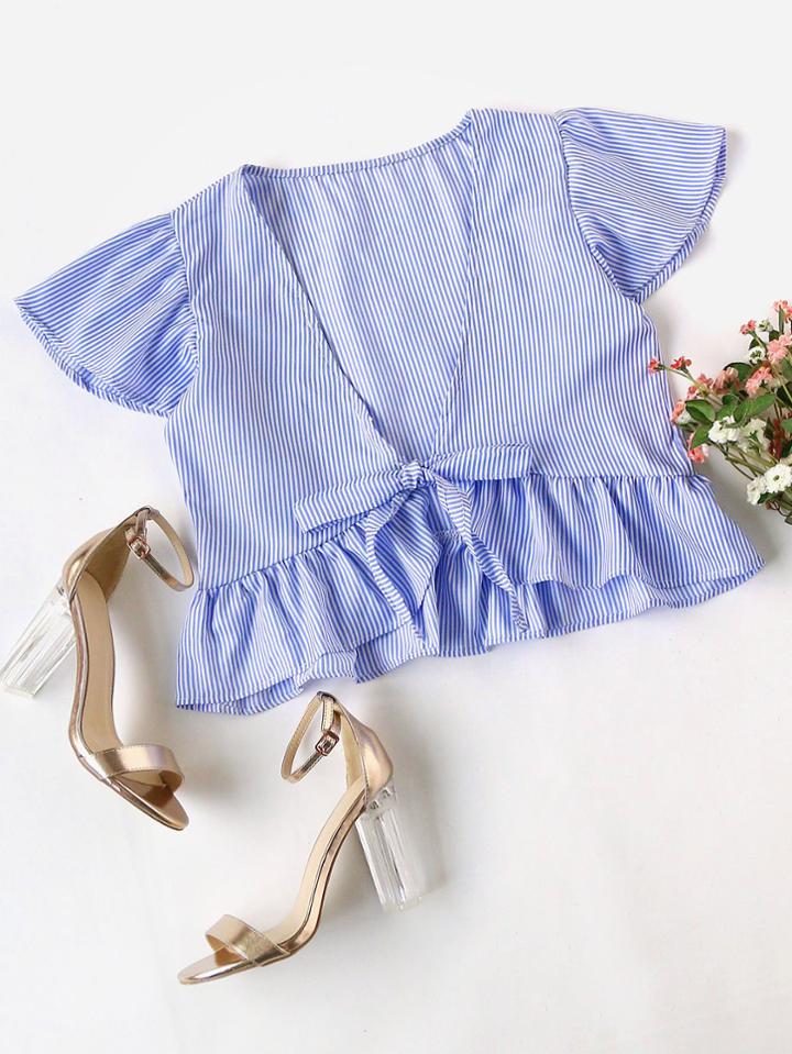 Romwe Deep-plunge Neck Tie Front Frill Hem Blouse