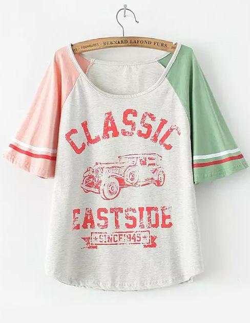 Romwe Contrast Sleeve Car Print Grey T-shirt