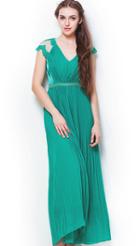 Romwe Green V-neck Lace Cap Sleeve Beading Pleated Long Chiffon Dress