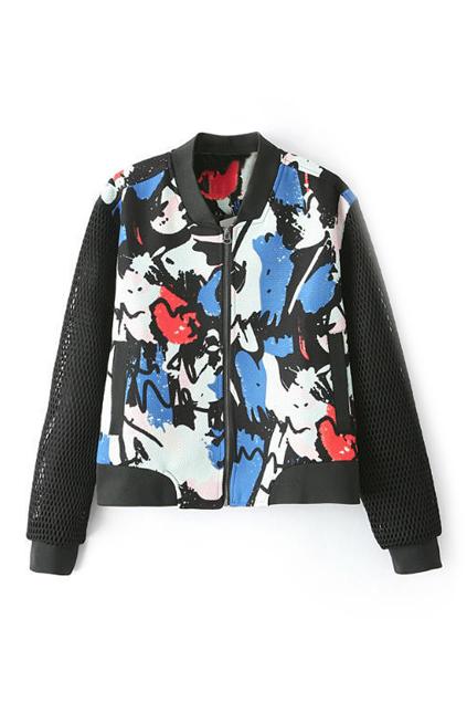 Romwe Colorful Scrawl Print Zippered Coat