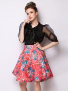 Romwe Red Flower Print Flare Skirt