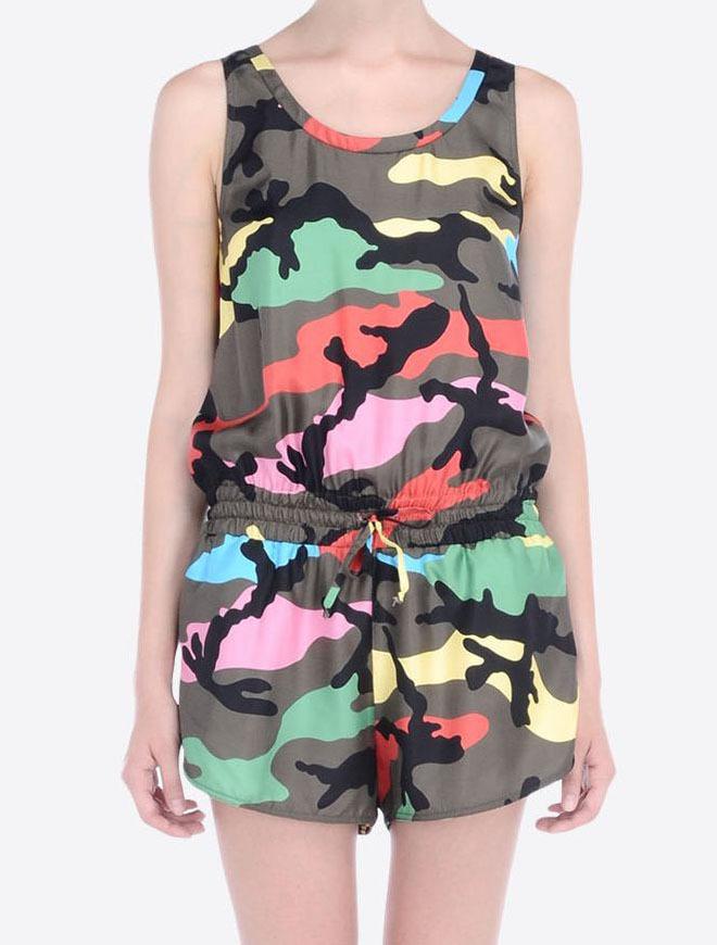 Romwe Round Neck Sleeveless Camouflage Romper