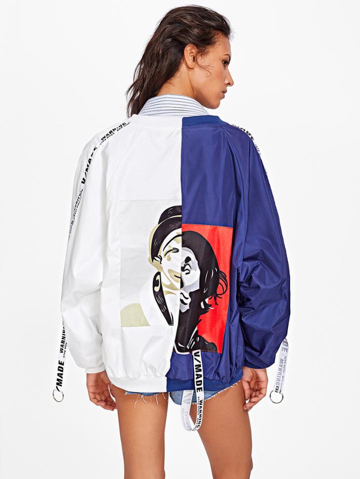 Romwe Patch Back Ribbon Detail Two Tone Bomber Jacket