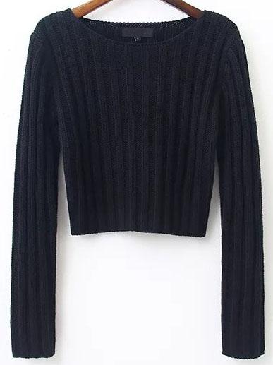 Romwe Black Ribbed Round Neck Crop Sweater