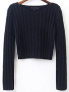 Romwe Black Ribbed Round Neck Crop Sweater