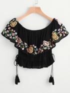 Romwe Layered Floral Embroidered Drawstring Waist Blouse
