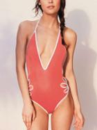 Romwe Deep V Cutout Backless Contrast Trim Swimsuit - Orange