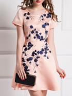 Romwe Pink Embroidered A-line Dress
