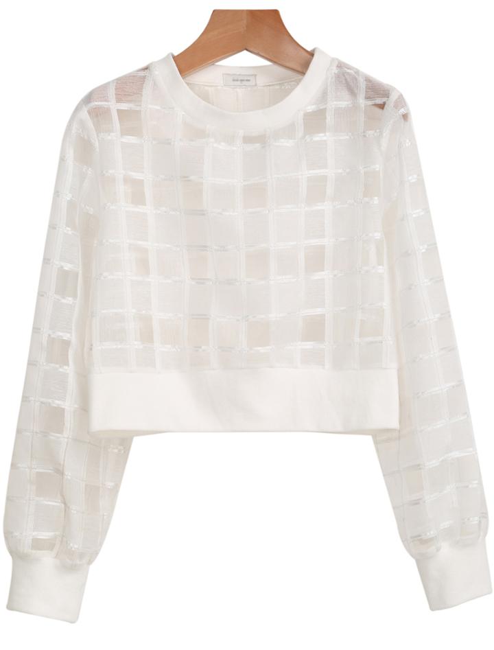 Romwe White Long Sleeve Sheer Checker Plaid Crop Blouse