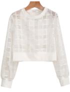 Romwe White Long Sleeve Sheer Checker Plaid Crop Blouse