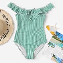Romwe Random Striped Ruffle Off The Shoulder One Piece Swim