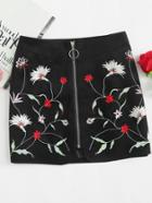 Romwe Floral Embroidered Zip Up Skirt