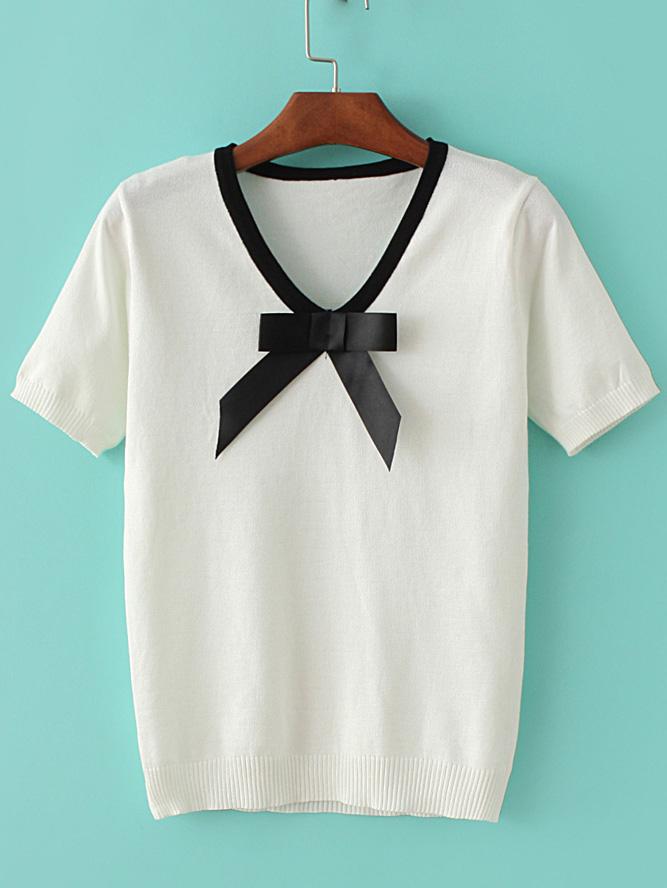 Romwe White V Neck Bow Embellished Knit T-shirt