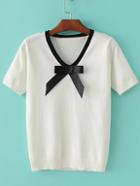 Romwe White V Neck Bow Embellished Knit T-shirt