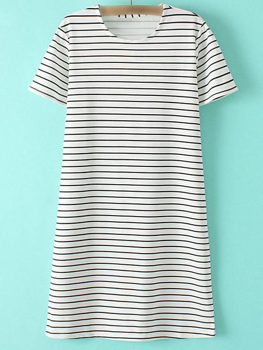 Romwe Black White Knee Length Short Sleeve Stripe Dress