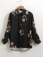 Romwe Ruched Sleeve Dolphin Hem Floral Blouse