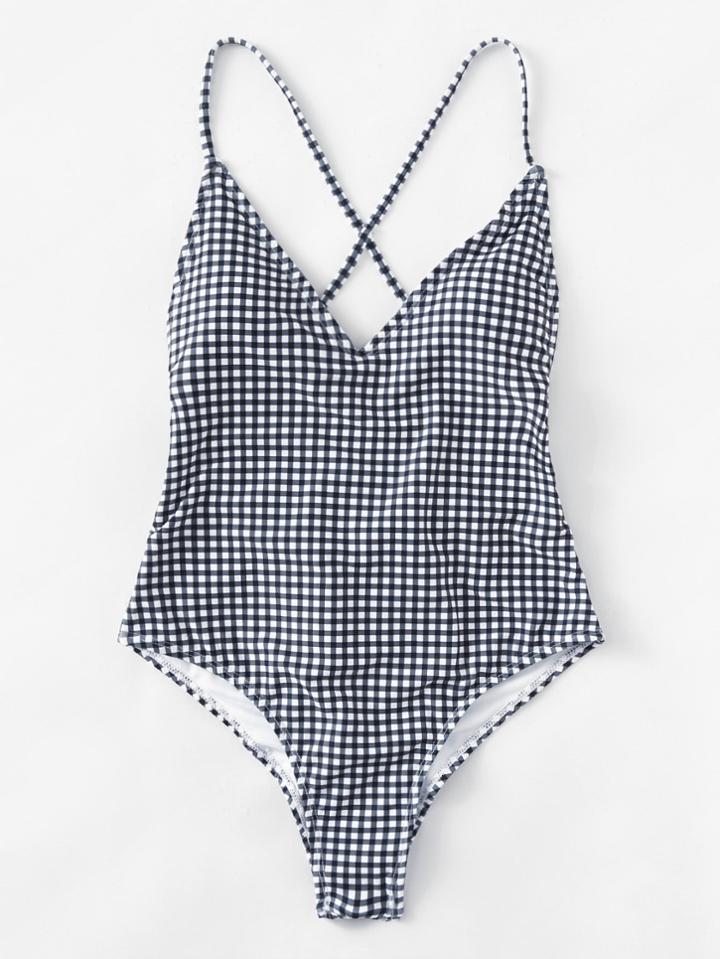 Romwe Cross Back Gingham Swimsuit