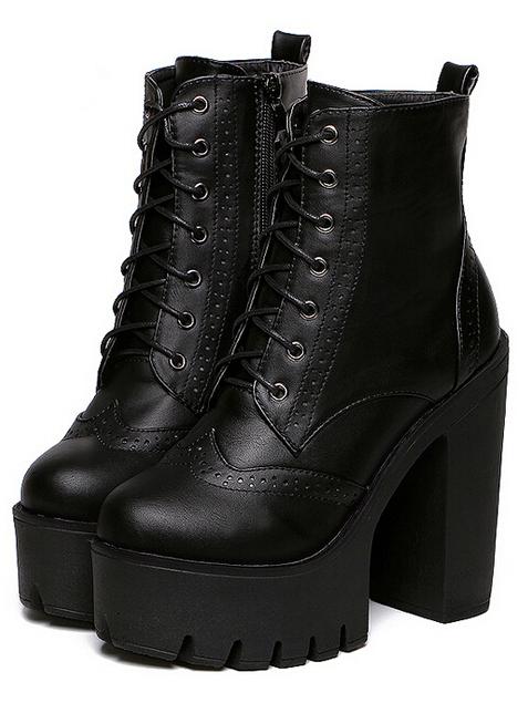 Romwe Black Lace Up Pu Chunky Boots