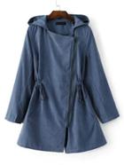 Romwe Blue Hooded Asymmetric Zipper Drawstring Outerwear