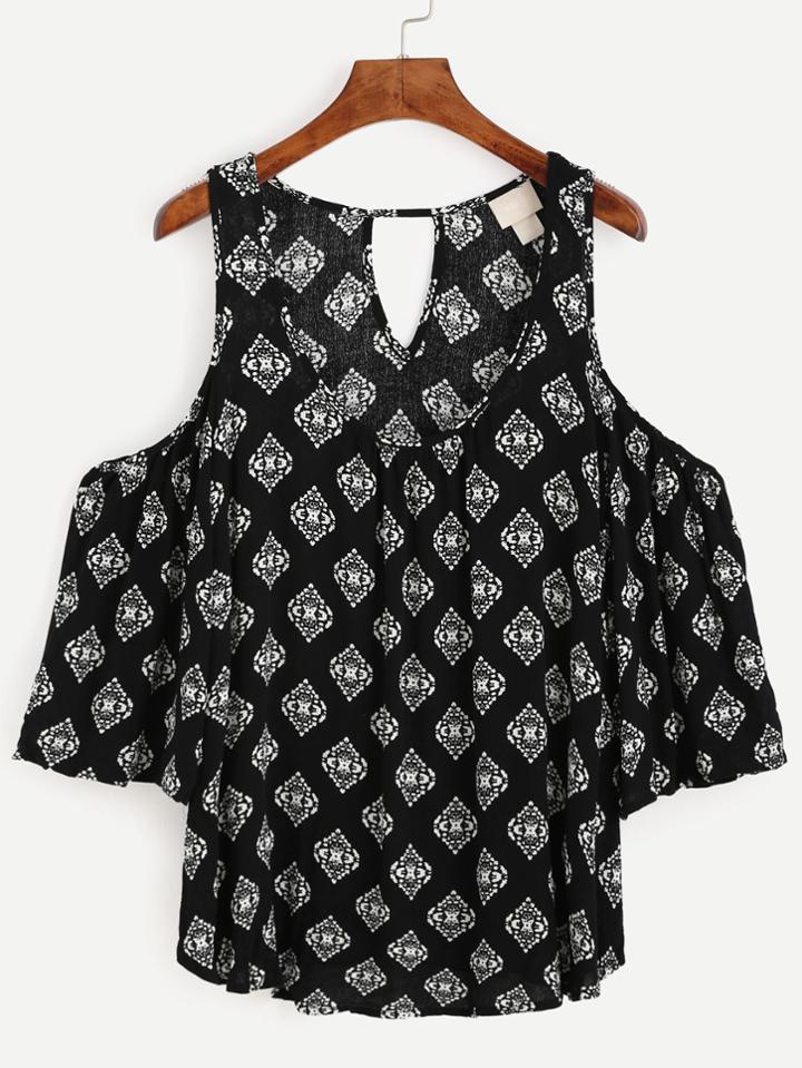 Romwe Black Printed Open Shoulder Cut Out Top