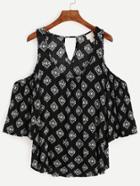 Romwe Black Printed Open Shoulder Cut Out Top