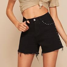 Romwe Studs Detail Raw Hem Denim Shorts