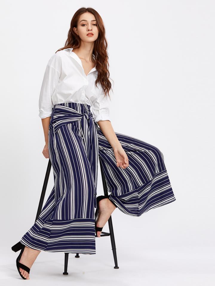 Romwe Self Tie Mixed Stripe Palazzo Pants