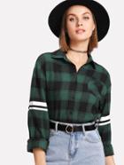 Romwe Single Pocket Striped Sleeve Curved Checkered Shirt