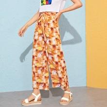 Romwe Tropical Print Belted Paperbag Pants