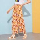 Romwe Tropical Print Belted Paperbag Pants