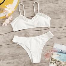 Romwe Frill Trim Ribbed Bikini Set