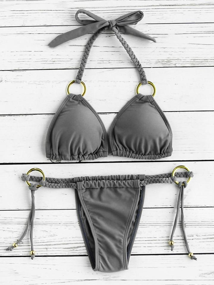 Romwe Metal Ring Detail Braided Strap Bikini Set