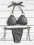Romwe Metal Ring Detail Braided Strap Bikini Set
