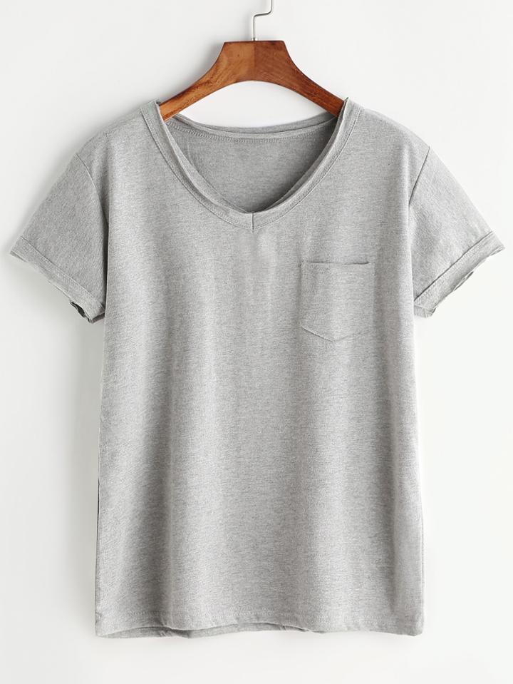 Romwe V-neckline Chest Pocket Tee