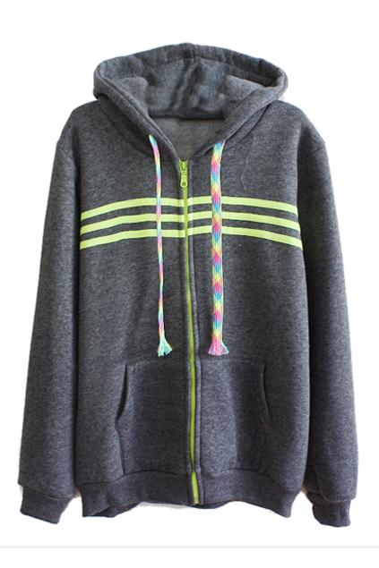 Romwe Drawstring Striped Zippered Hoodie Sweatshirt