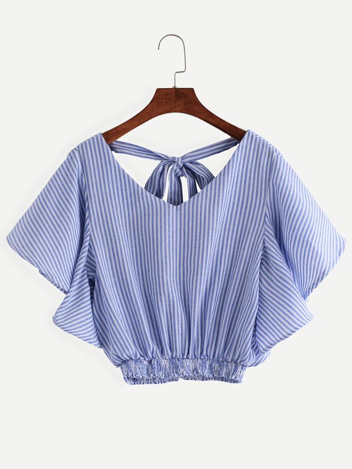 Romwe Blue Striped Ruffle Sleeve Knotted Back Blouse