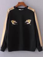 Romwe Black Color Block Tiger Embroidery Sweatshirt