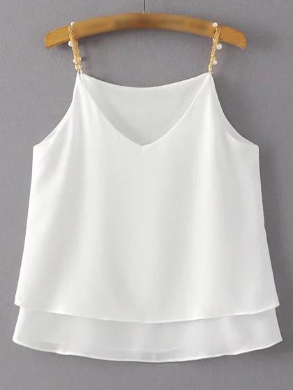 Romwe White Double Layers Chiffon Pearl Chain Spaghetti Strap Tank Top