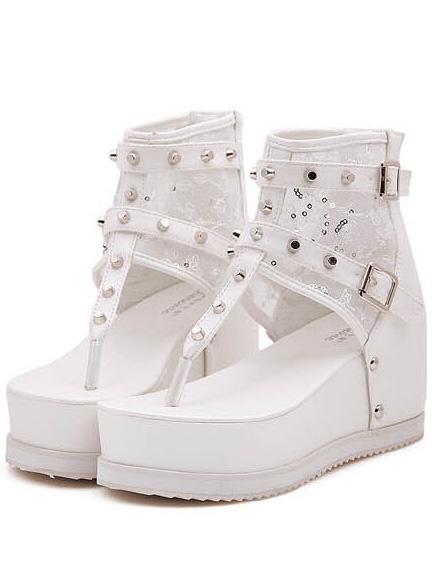 Romwe White Sequined Studded Back Zipper Flip Sandals