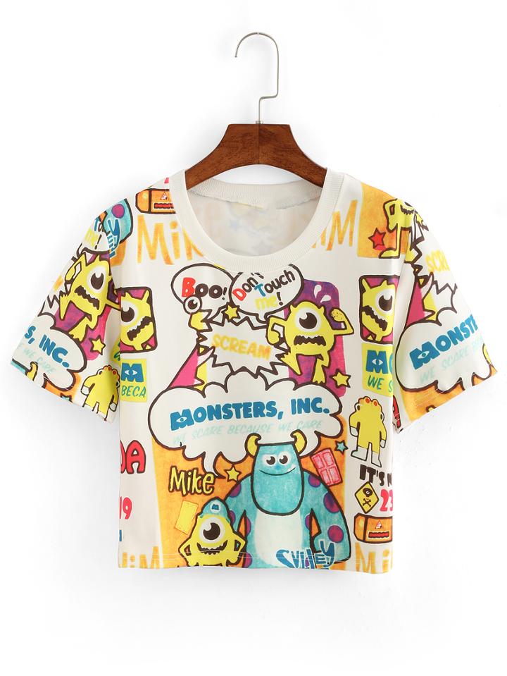 Romwe Cartoon Print Crop T-shirt - White