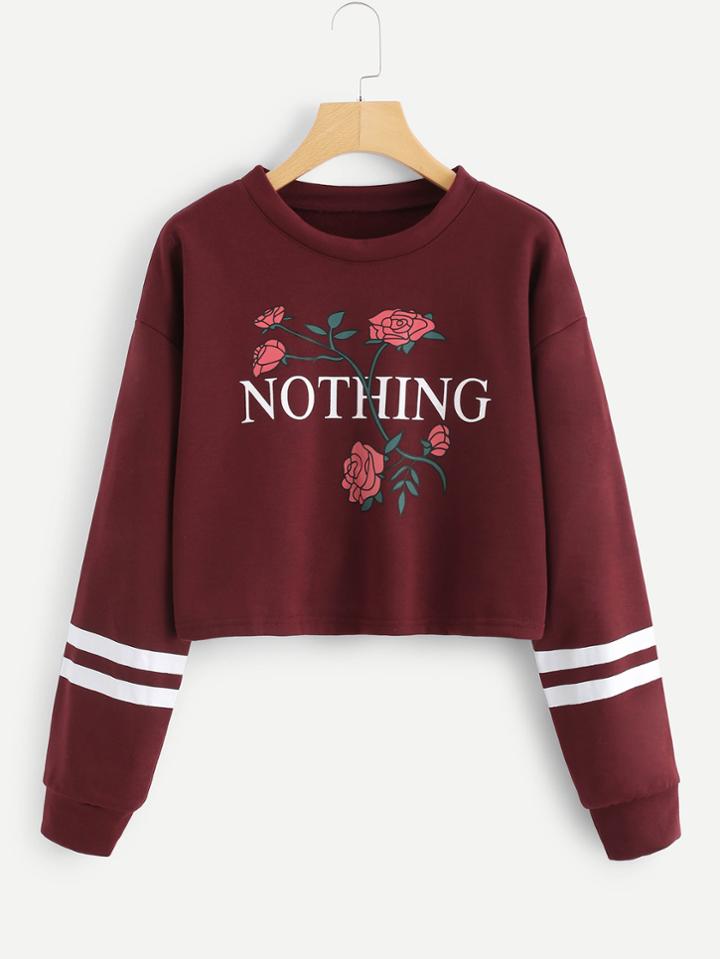 Romwe Varsity Striped Floral Sweatshirt